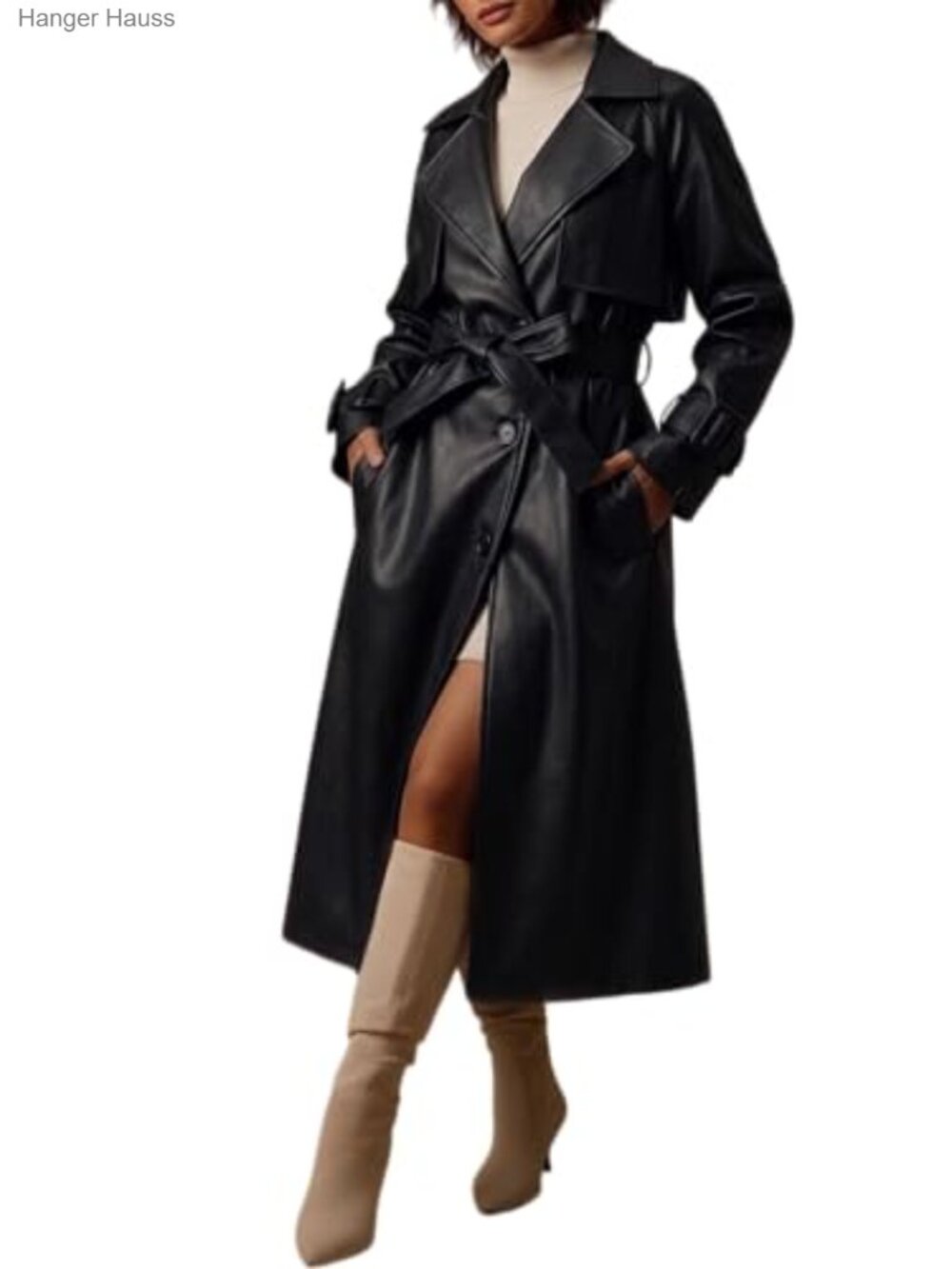 Faux Leather Classic Lapel Belt Loose Trench Coat